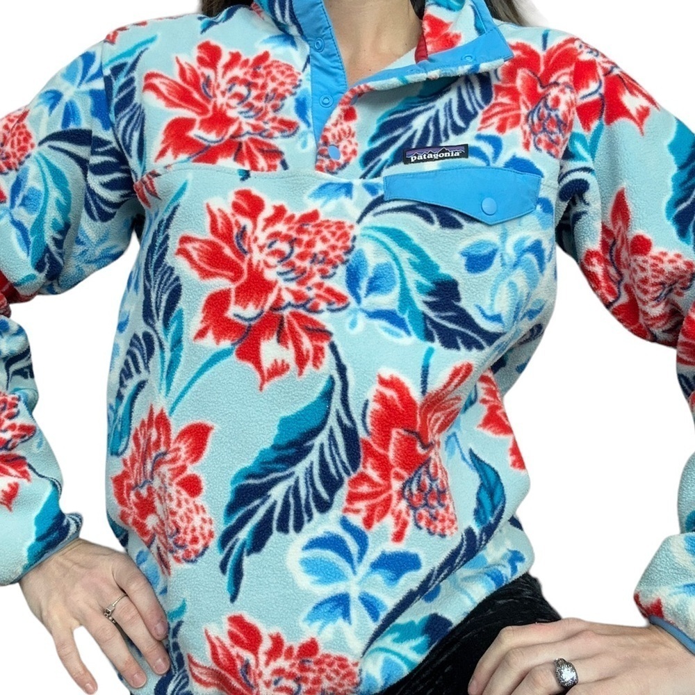 Patagonia Synchilla Snap Pullover fleece sweater bold floral printed red L manoa